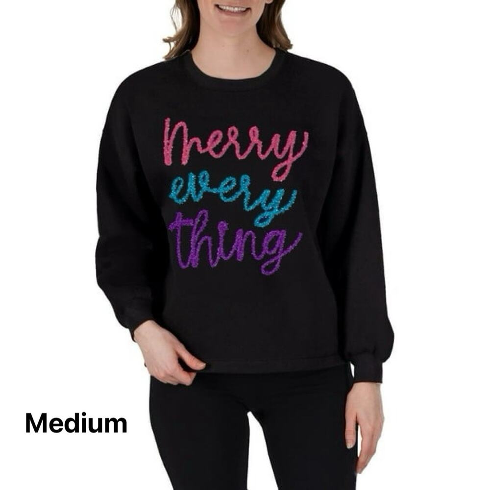 STATE OF MINE “Merry Everything” Black Holiday Sweatshirt Festive Sparkle Medium